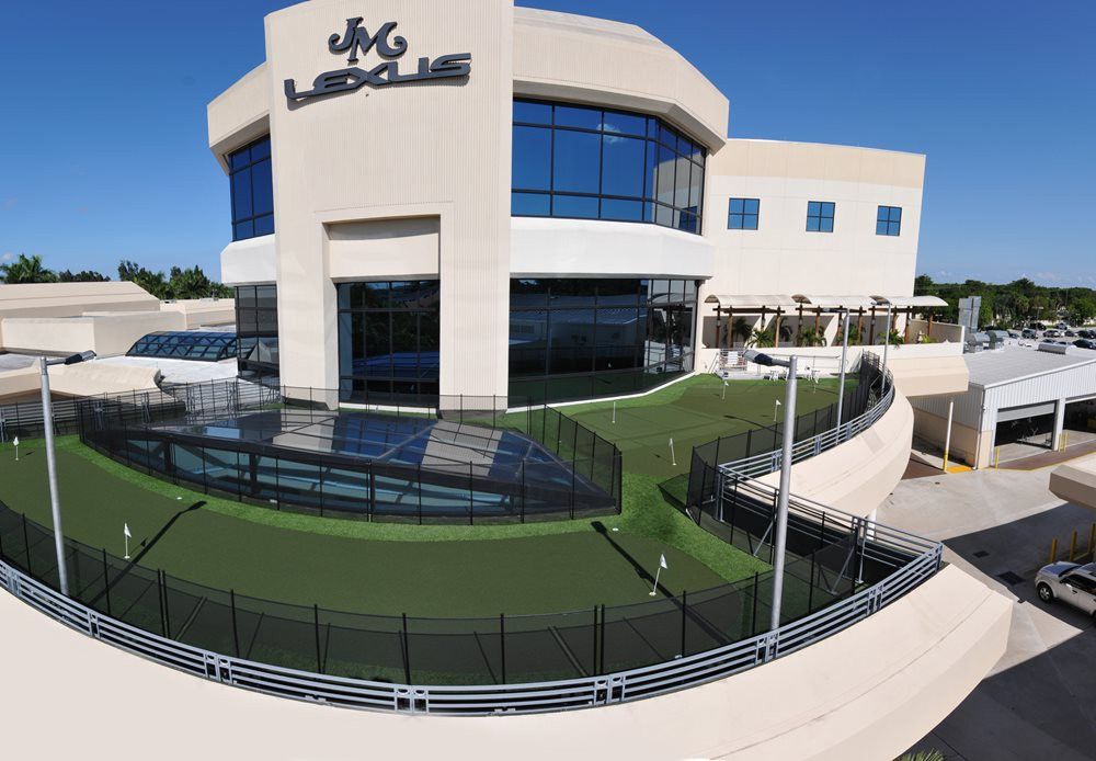 artificial turf outside of a large building